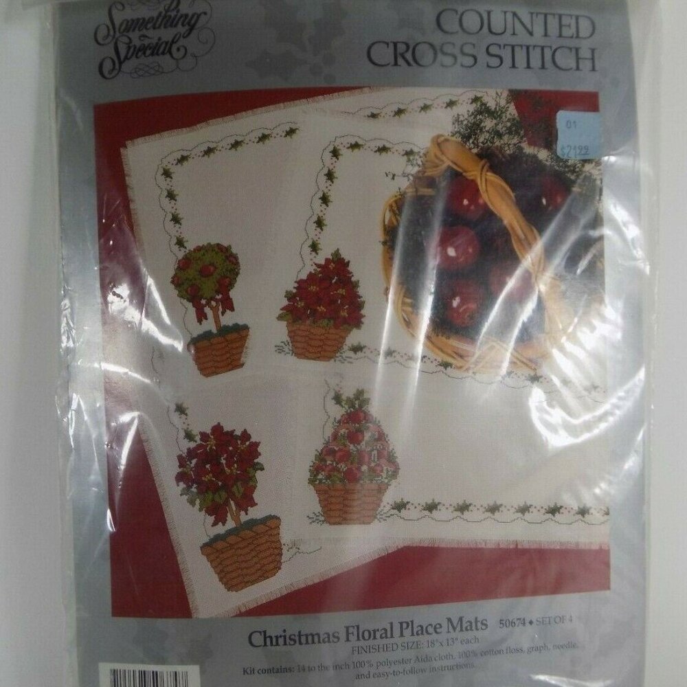 NEW Counted Cross Stitch Christmas Floral Place Mats Kit Something Special Apple